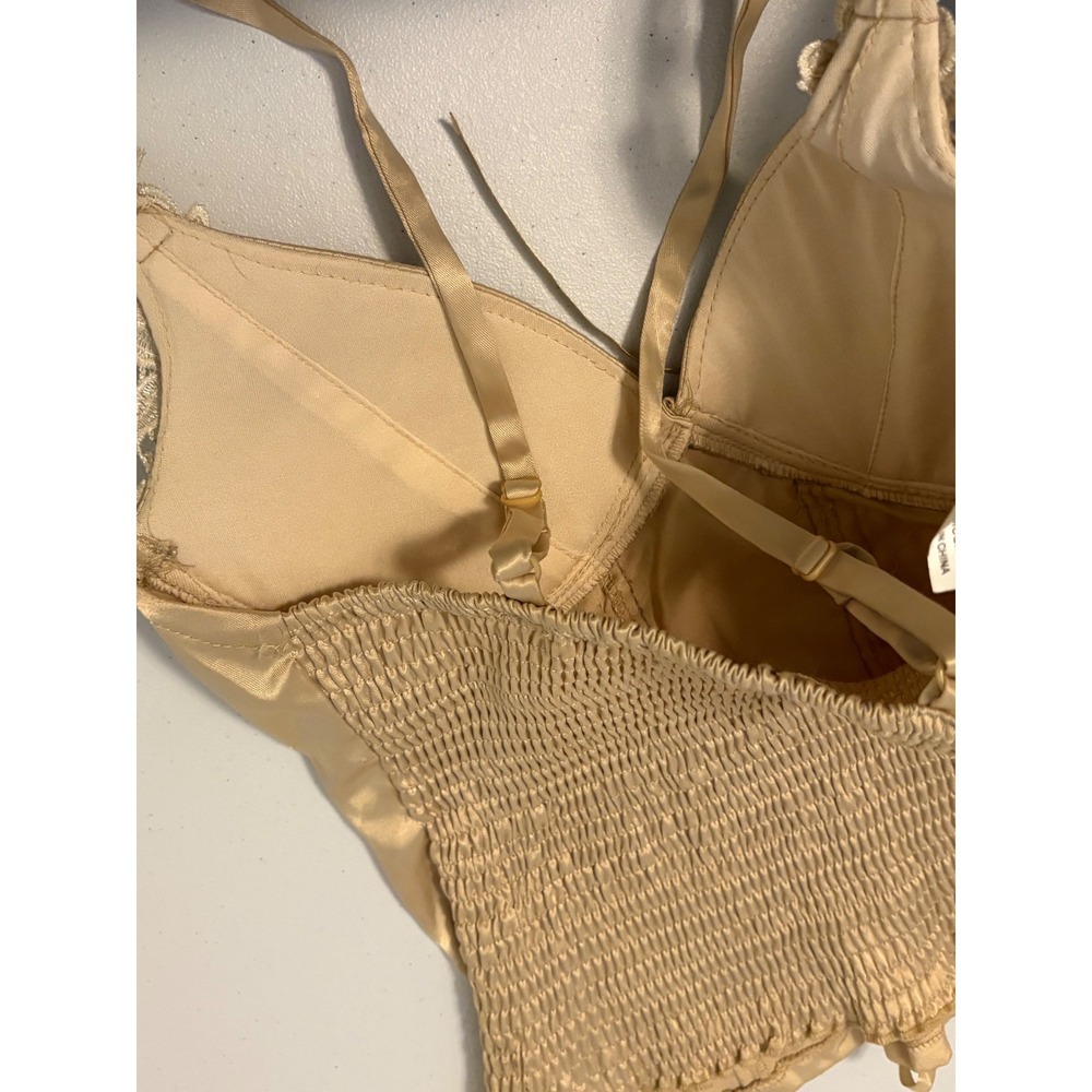 Body Central Gold Satin Lace Up Corset Top Pearl Floral Lace fairy whimsy y2k c5 - Picture 7 of 9